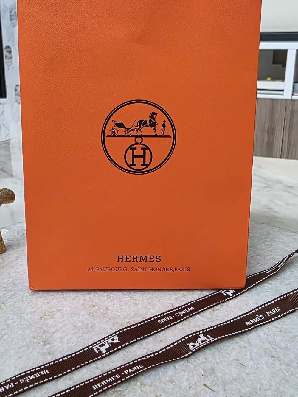 Hermes Paris Authentic Orange Shopping Gift Bag with Brown Ribbon 24 Faubourg